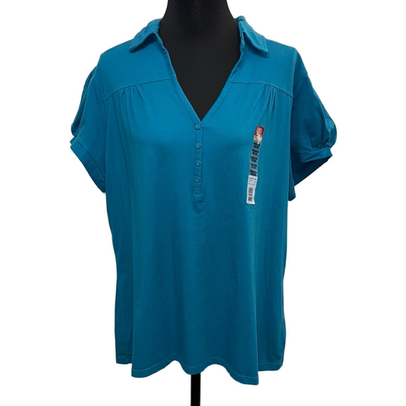 Faded Glory Tops - Faded Glory 3X Teal Stretch Polo Blouse Split Neck Roll Tab Sleeve Casual Top